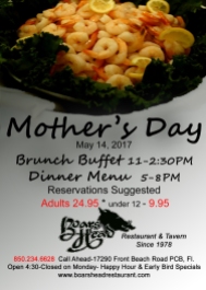 Mothers Day Brunch Buffet prices Seafood Prime Rib May 14-Boars Head Restaurnt PCB Seafood